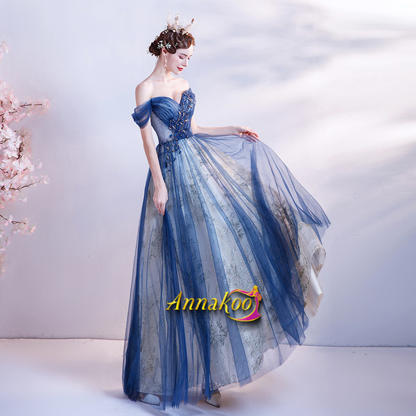 Shop 2021 Annakoo Blue Off The Shoulder Beading Tulle A Line Prom Dress under 129