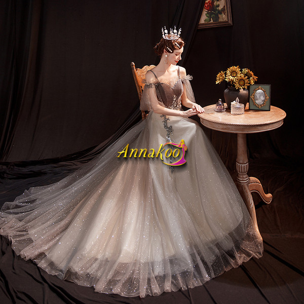 Shop 2021 Spaghetti Straps Champange Tulle Sequin Lace Up Short Sleeve Prom Dress Under 135