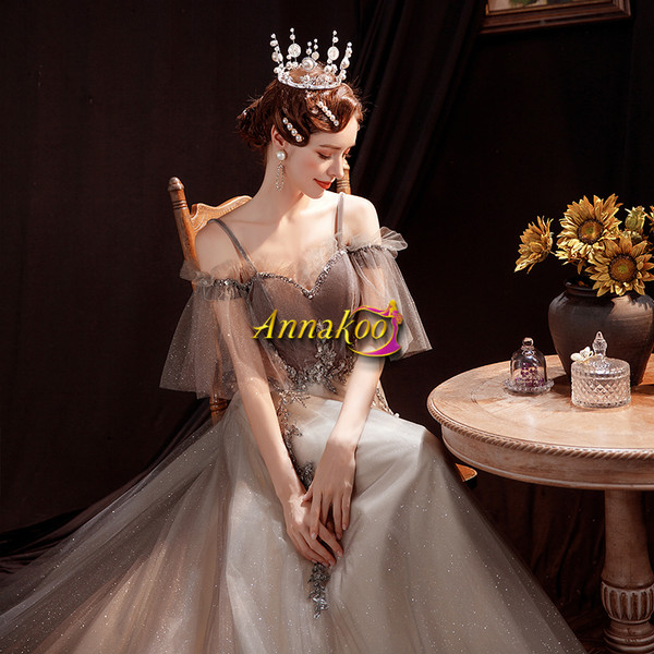 Shop 2021 Spaghetti Straps Champange Tulle Sequin Lace Up Short Sleeve Prom Dress Under 135