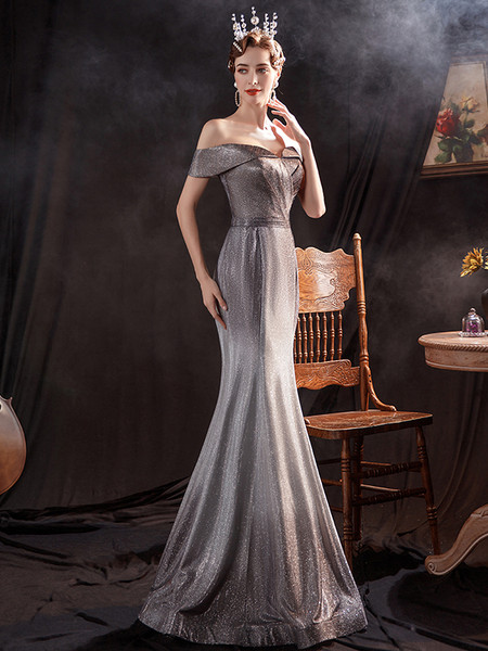 Silver Trumpet Mermaid Lace Up Off The Shoulder Sparkle Prom Dress