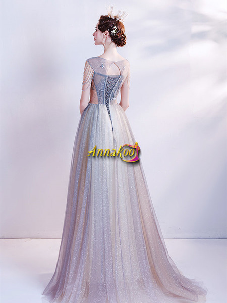 Scoop Cap Sleeve Tassel Blue Crystal A Line Prom Dress