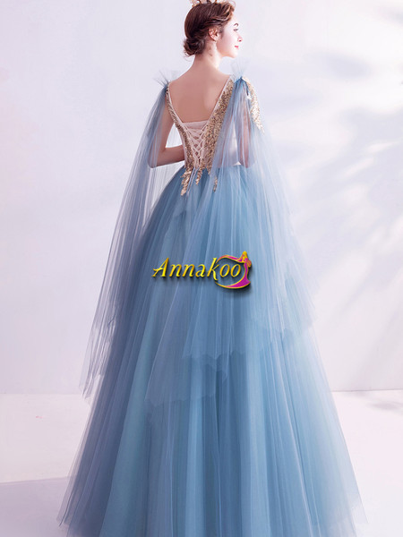 Shop 2021 V Neck Blue A Line Tulle Ruffles Appliques Lace Up Prom Dress Under 128