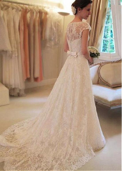 Lace Jewel Neckline Long A-line Wedding Dress With Belt
