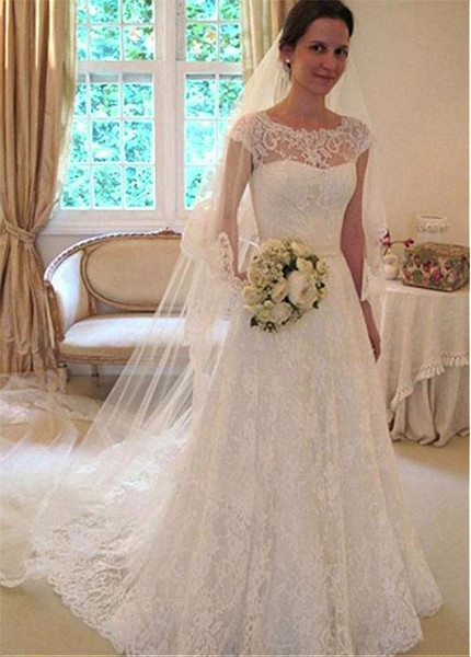 Lace Jewel Neckline Long A-line Wedding Dress With Belt