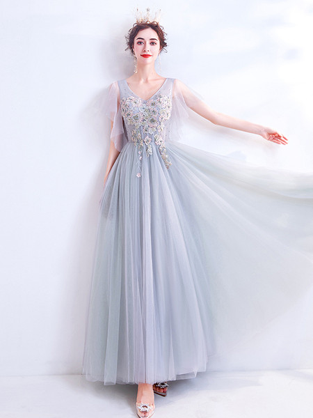 Shop Annakoo 2021 V Neck Tulle Appliques Beading Cap Sleeve A Line Prom Dress Under 128