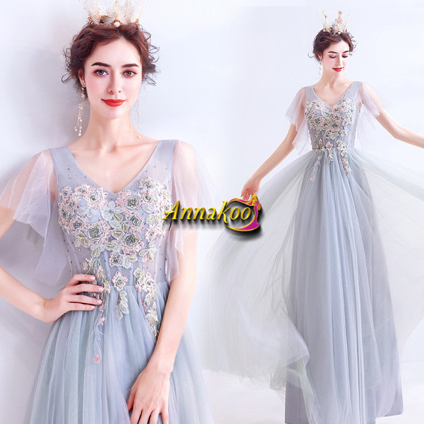 Shop Annakoo 2021 V Neck Tulle Appliques Beading Cap Sleeve A Line Prom Dress Under 128