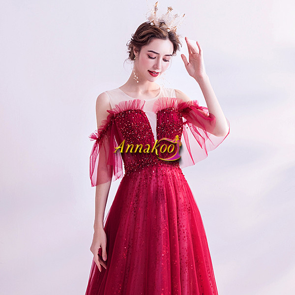 Shop 2021 ANNAKOO Burgundy Short Sleeve Tulle Beading A Line Prom Dress Under 127
