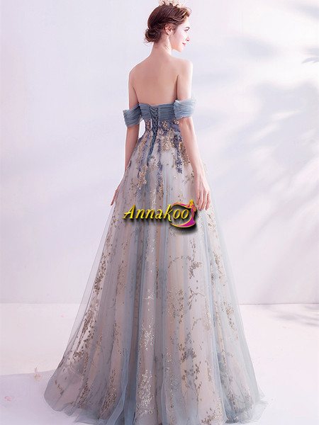 Shop ANNAKOO 2021 Off The Shouder Tulle Sequin Bling Bling A Line Prom Dress Under 2021