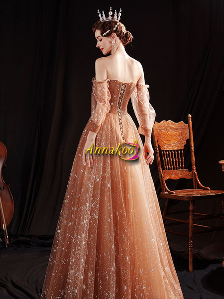 Shop 2021 ANNAkOO Gold Long Sleeve Sequin Sparkle Off The Shoulder Prom Dress Under 128