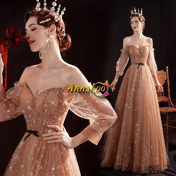 Gold Long Sleeve Sequin Sparkle Off The Shoulder Prom Dress