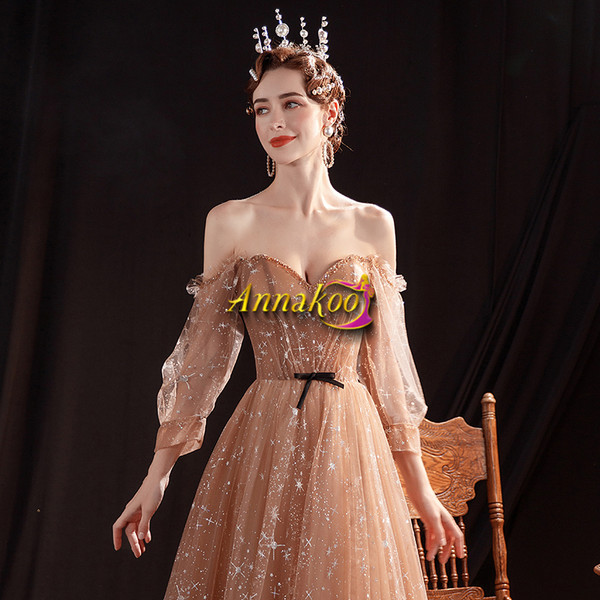 Shop 2021 ANNAkOO Gold Long Sleeve Sequin Sparkle Off The Shoulder Prom Dress Under 128