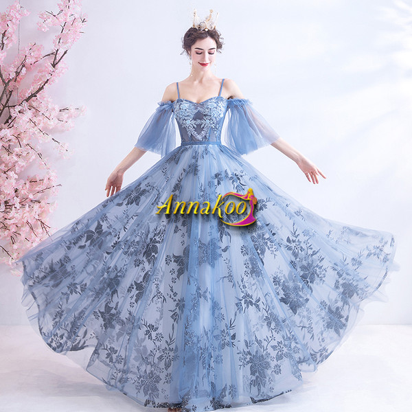 Shop 2021 Spaghetti Straps Blue Short Sleeve Appliques Lace Up Tulle Prom Dress From Annakoo