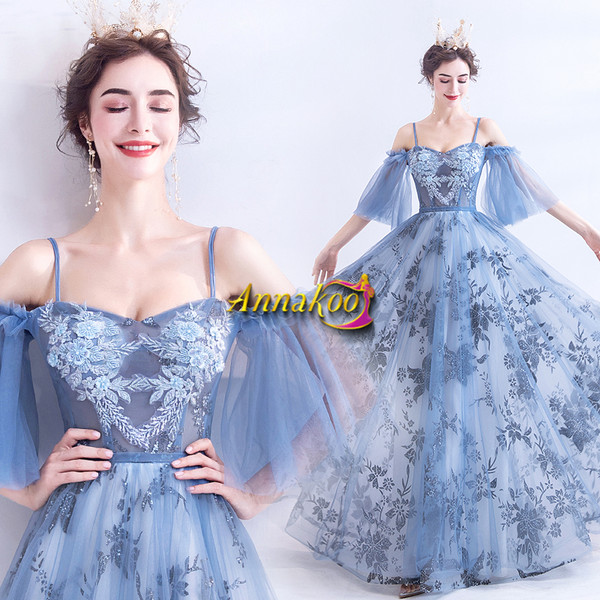 Shop 2021 Spaghetti Straps Blue Short Sleeve Appliques Lace Up Tulle Prom Dress From Annakoo