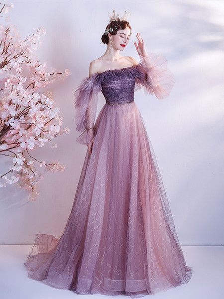 Shop 2021 Beautiful Purple Off The Shoulder Long Sleeves Ruffles Prom Dress Under 148