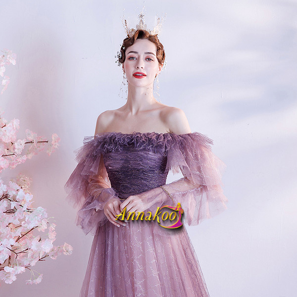 Beautiful Purple Off The Shoulder Long Sleeves Ruffles  Prom Dress