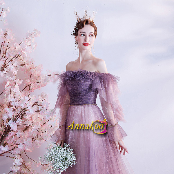 Shop 2021 Beautiful Purple Off The Shoulder Long Sleeves Ruffles Prom Dress Under 148