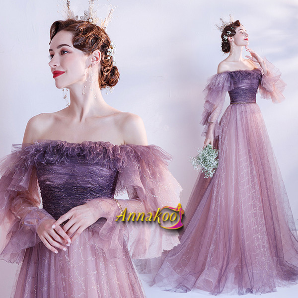 Shop 2021 Beautiful Purple Off The Shoulder Long Sleeves Ruffles Prom Dress Under 148
