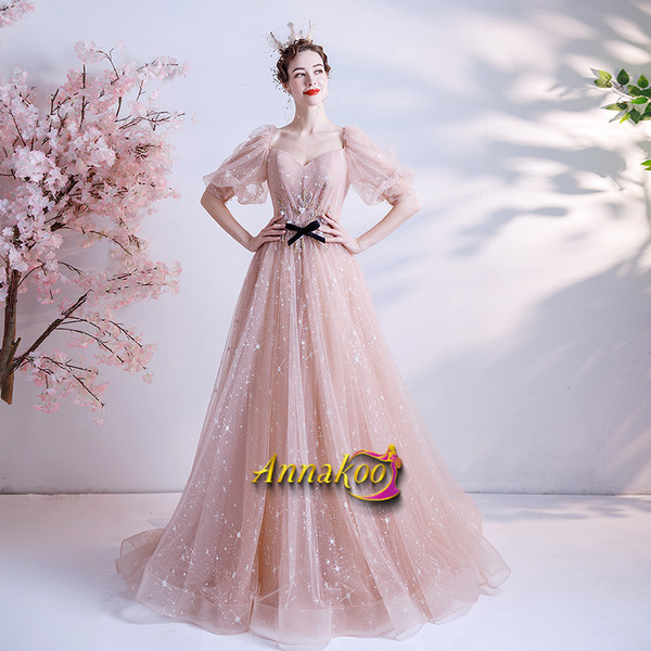 Shop 2021 Annakoo  Champagne Short Sleeves Sparkle Bling Bling A Line Tulle Prom Dress Under 138