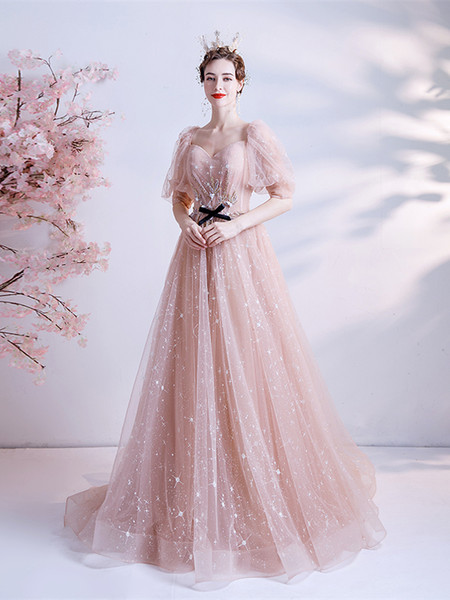 Champagne Short Sleeves Sparkle Bling Bling A Line Tulle Prom Dress