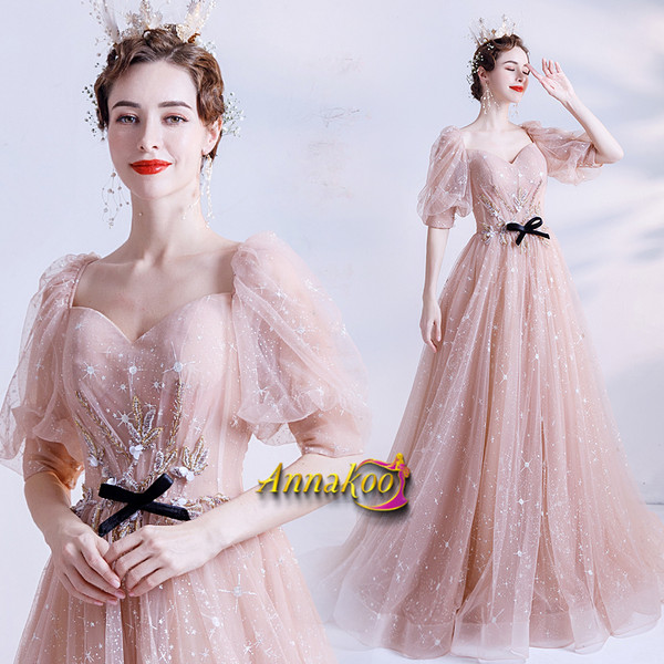 Shop 2021 Annakoo  Champagne Short Sleeves Sparkle Bling Bling A Line Tulle Prom Dress Under 138