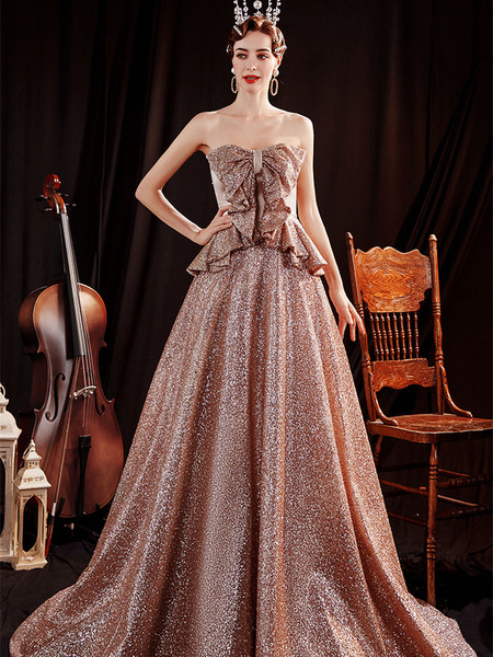 Shop 2021 Rose Gold Sequin Sweep Train Bowknot Lace Up Strapless Prom Dress Under 138