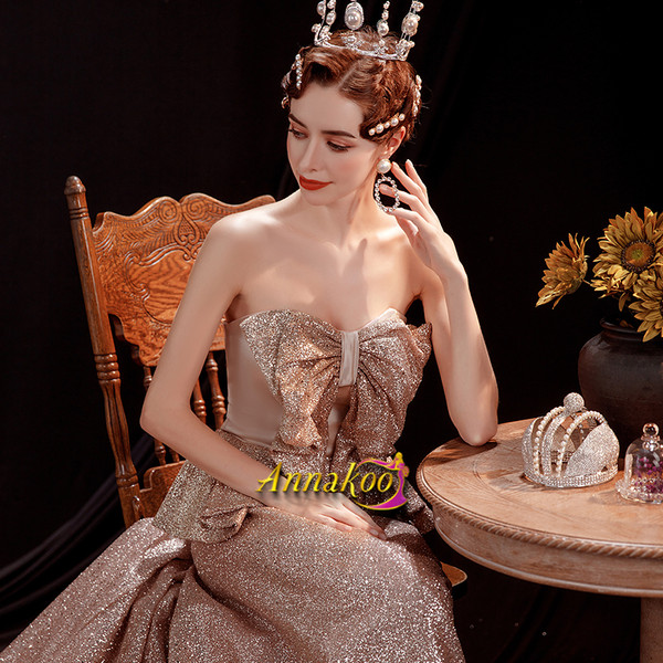 Shop 2021 Rose Gold Sequin Sweep Train Bowknot Lace Up Strapless Prom Dress Under 138