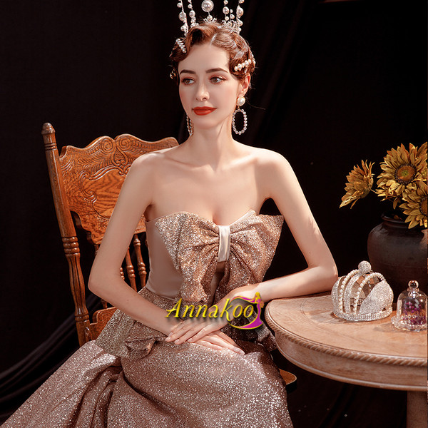 Shop 2021 Rose Gold Sequin Sweep Train Bowknot Lace Up Strapless Prom Dress Under 138