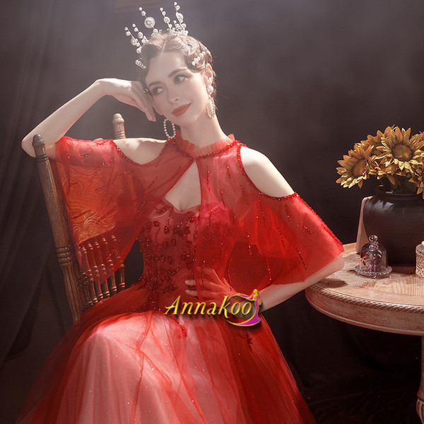 Gradient Tulle Sequin A Line Red Lace Up Cold Shoulder Prom Dress