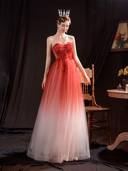 Shop ANNAKOO 2021 Gradient Tulle Sequin A Line Red Lace Up Cold Shoulder Prom Dress Under 138