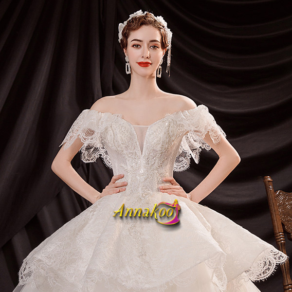 Shop 2021 Off The Shoulder Short Sleeve Ball Gown Beading Ruffles Wedding Dress Under 138