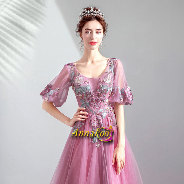 Shop ANNAKOO 2021 Half Sleeve Pink Beading Scoop A Line Flower Prom Dress Under 125