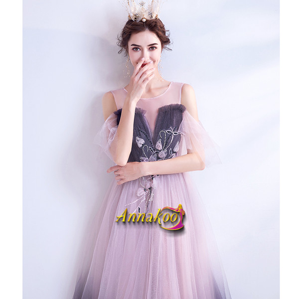 Shop 2021  Scoop Cold Shoulder Flowers Purple Tulle Prom Dress Under 128