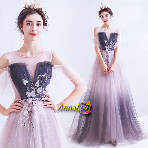 Shop 2021  Scoop Cold Shoulder Flowers Purple Tulle Prom Dress Under 128