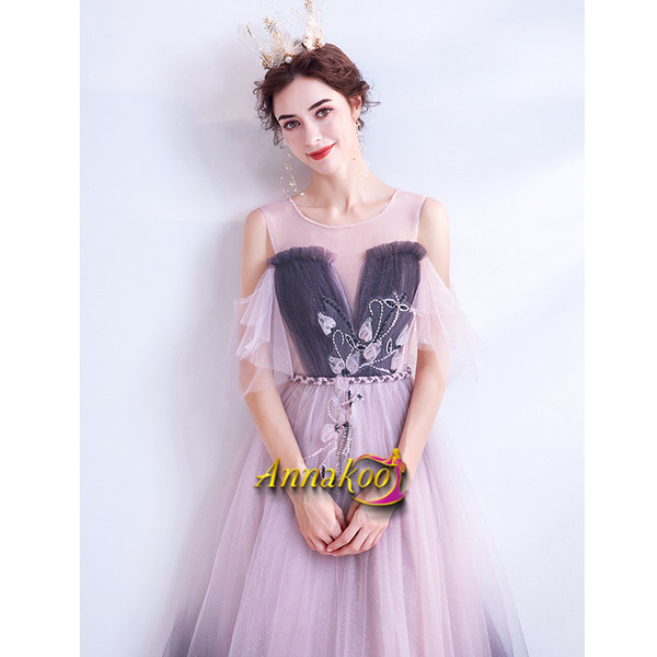 Shop 2021  Scoop Cold Shoulder Flowers Purple Tulle Prom Dress Under 128