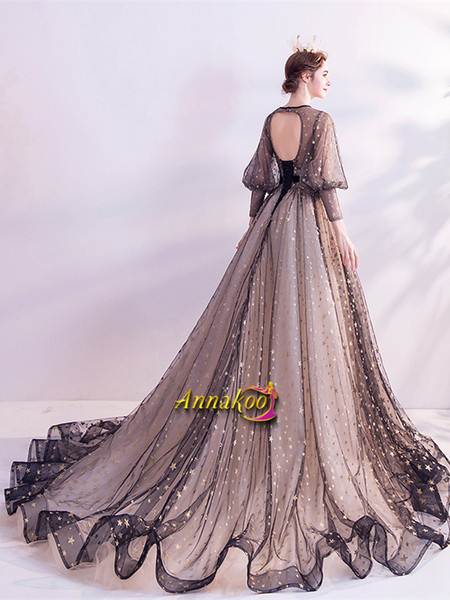 Long Sleeve Black And Champagne Stars Tulle Backless Prom Dress