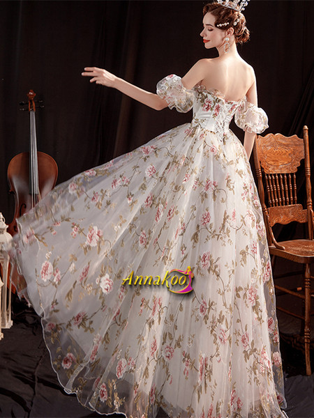 Shop 2021 Off The Shoulder Flower Print Tulle Short Sleeve Prom Dress Under 128