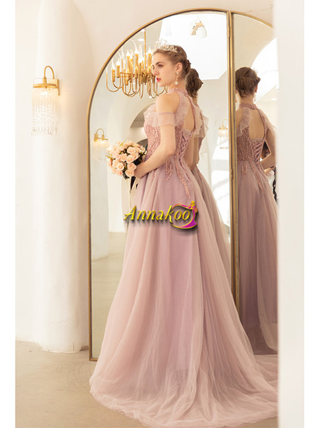 Pink High Neck Cold Shoulder Tulle Beading Prom Dress