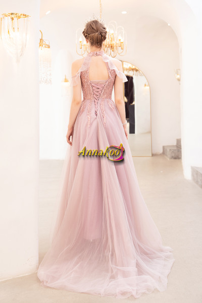 Buy 2021 Annakoo  Pink High Neck Cold Shoulder Tulle Beading Prom Dress Under 129