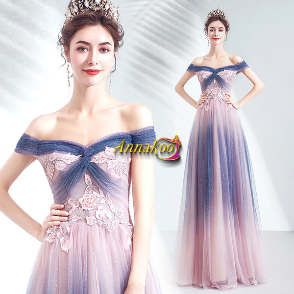 Pink & Blue Tulle Flower Appliques Lace Up A Line Prom Dress