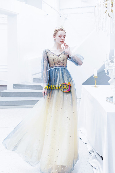 Shop 2021 Annakoo Beading Blue Long Sleeve Tulle A Line Lace Up Prom Dress Under 128