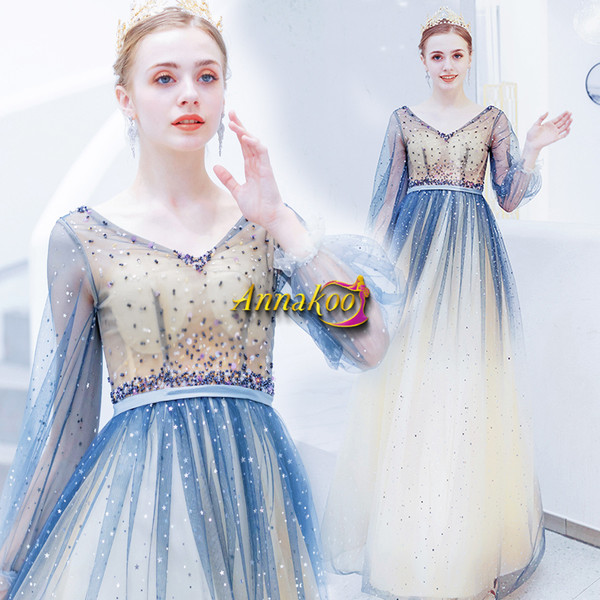 Shop 2021 Annakoo Beading Blue Long Sleeve Tulle A Line Lace Up Prom Dress Under 128