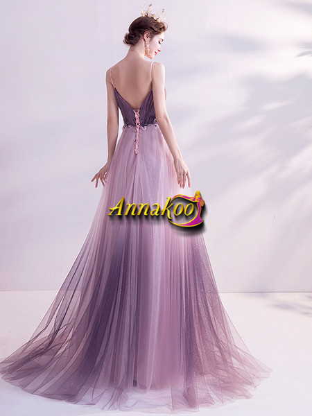 Shop 2021 Spaghetti Straps Purple Flower Appliques Tulle A Line Prom Dress Under 129