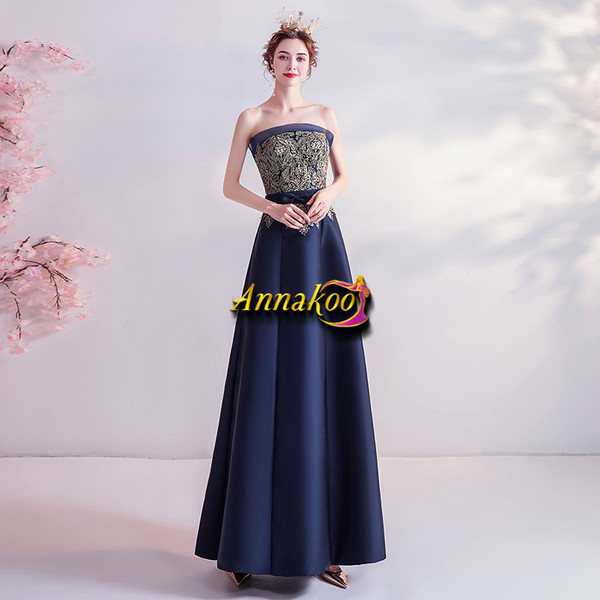 Buy New Arrival Navy Blue Strapless Satin Appliques A Line Long Prom Dress
