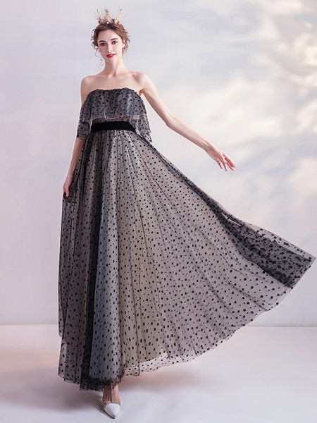 Shop 2021 Vintage Polka Dot Off Strapless Tulle A Line Black Prom Dress Under 128