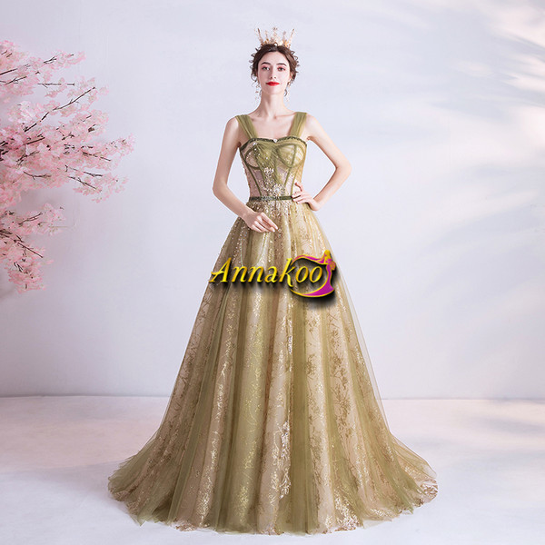 Shop 2021 Gold Straps Tulle Sweep Train Appliques A Line Prom Dress Under 127
