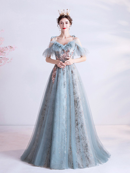 Buy Annakoo  Romantic Blue Spaghetti Straps Appliques Ruffles Tulle Prom Dress Under 138