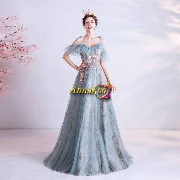 Buy Annakoo  Romantic Blue Spaghetti Straps Appliques Ruffles Tulle Prom Dress Under 138