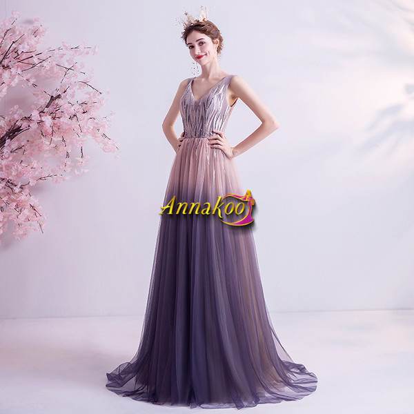 Purple V Neck Sequin Floor Length Unique Prom Dress