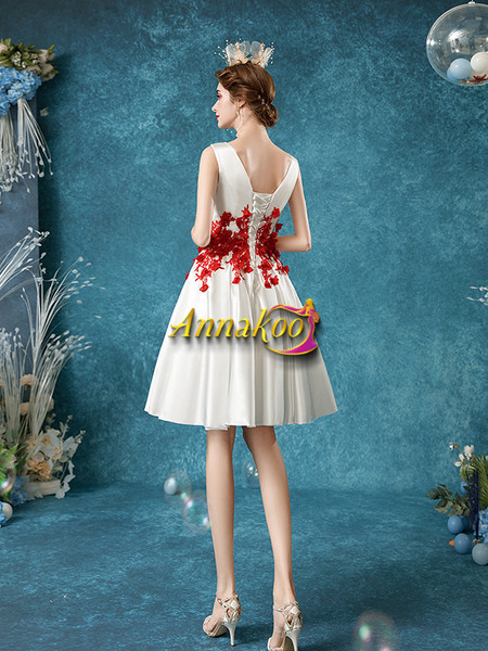 Shop Annakoo 2021 Red Scoop Knee Length Satin Appliques Flower Prom Homecoming Dress Under 128