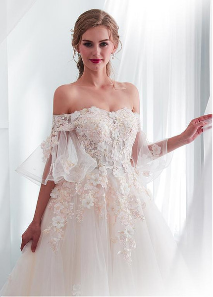  Off-the-shoulder 3D Flowers A-line Appliques Wedding Dress